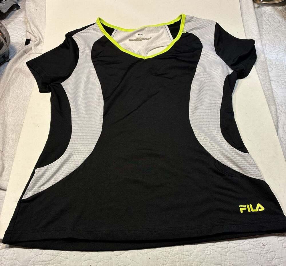 Fila Sport Athletic T-Shirt Size L Black White Neon Yellow Short Sleeve